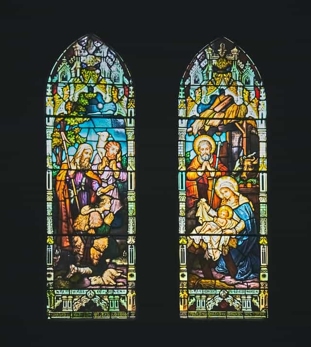 stained-glass window of Jesus' nativity